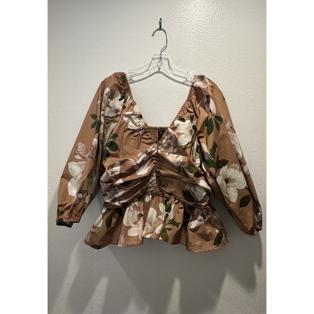 Express Tan Floral Peplum Blouse with White Flowers